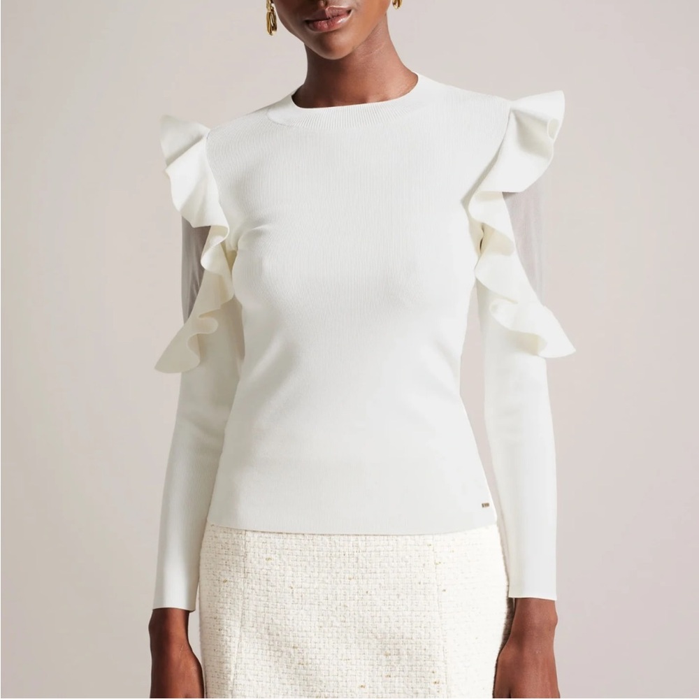 New Ted Baker White Floral Knit Top with Sheer Shoulders